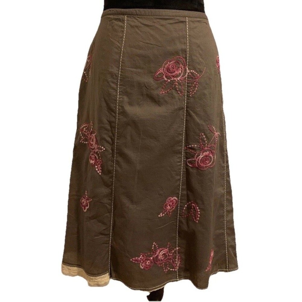 J Jill Skirt Womens Size 18 Brown Embroidered Floral Midi Boho Prairie Cotton
